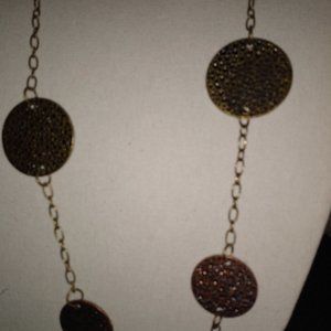 Vintage Round Brass color Circles throughout chain Necklace, Boho, Retro Long